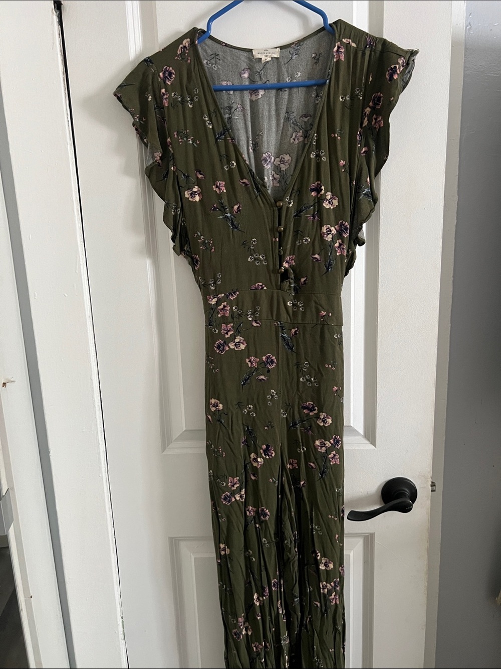 Olive Green Floral Jumpsuit with Flutter Sleeves